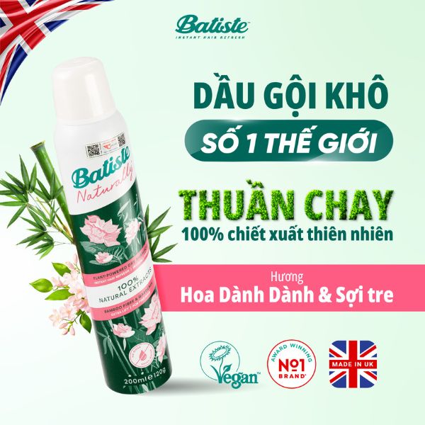 Gội Khô Batiste Cao Cấp Hoa Dành Dành Tre Vàng 200ml
