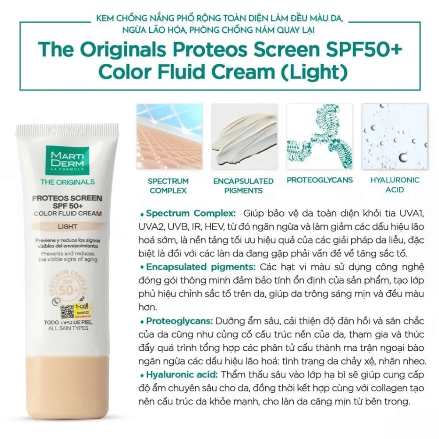 Thành phần của kem chống nắng MartiDerm The Originals Proteos Screen SPF50+ 40ml - Light