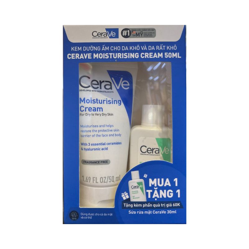 Kem Dưỡng Ẩm Cerave Moisturising Cream Dành Cho Da Khô 50ml Tặng Sữa Rửa Mặt Cerave Foaming 30ml