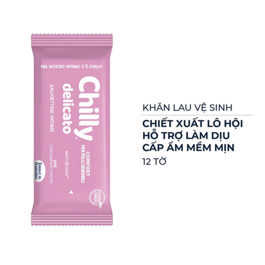 Mô tả Khăn Lau Vệ Sinh Chilly Chiết Xuất Lô Hội Gói 12 Tờ