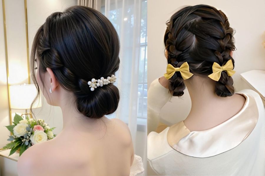 Tóc tết búi thấp mang lại sự thanh lịch, nhẹ nhàng và rất phù hợp với các dịp trang trọng