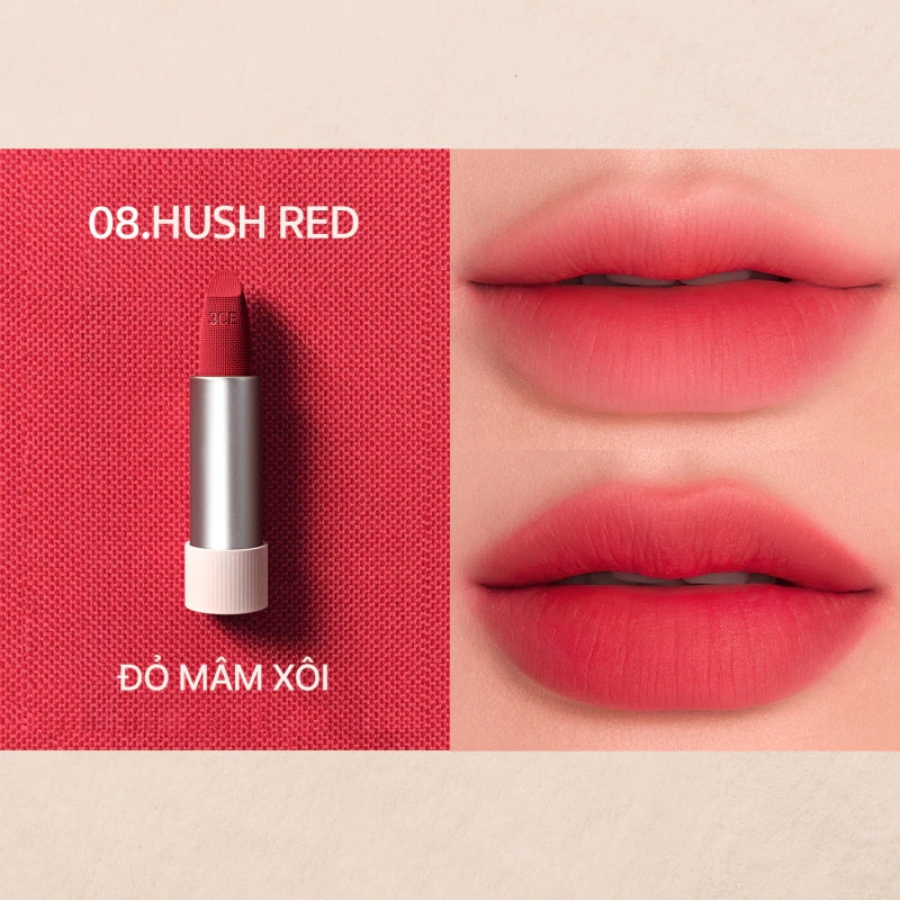 Mô tả Son Thỏi 3CE Cashmere Hug Lipstick #08 Hush Red