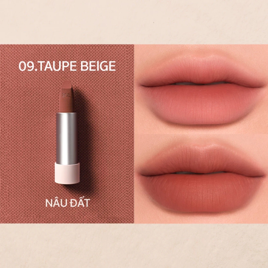 Mô tả Son Thỏi 3CE Cashmere Hug Lipstick #09 Taupe Beige