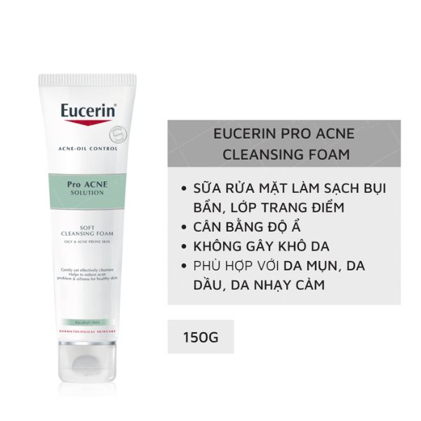 Sữa Rửa Mặt Eucerin Pro ACNE Solution Soft Cleansing Foam Tạo Bọt Cho Da Mụn Nhờn Nhiều 150g